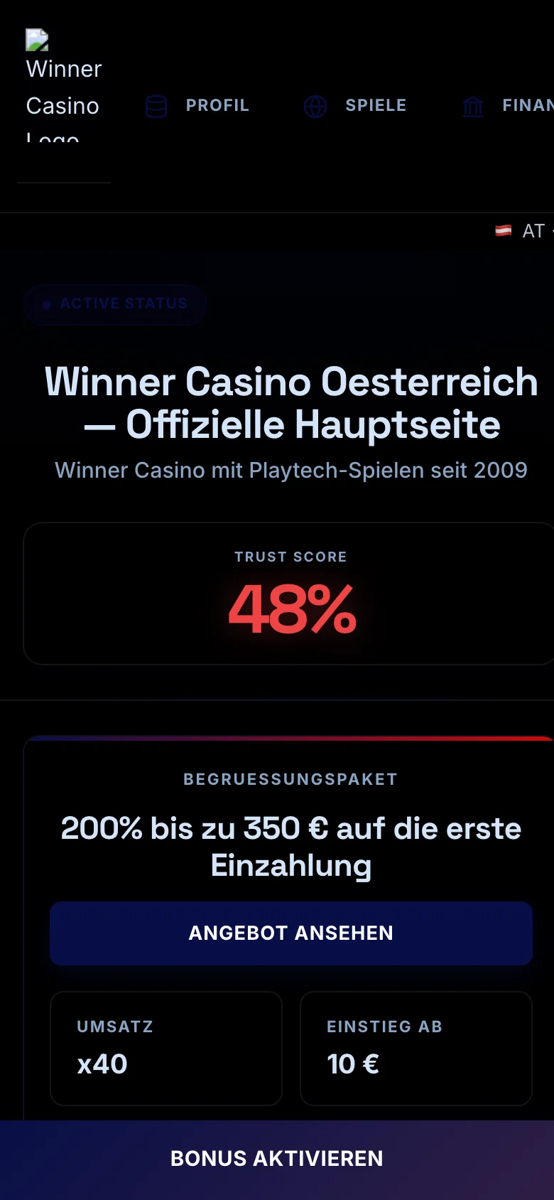 Winner Casino mobile lobby screenshot