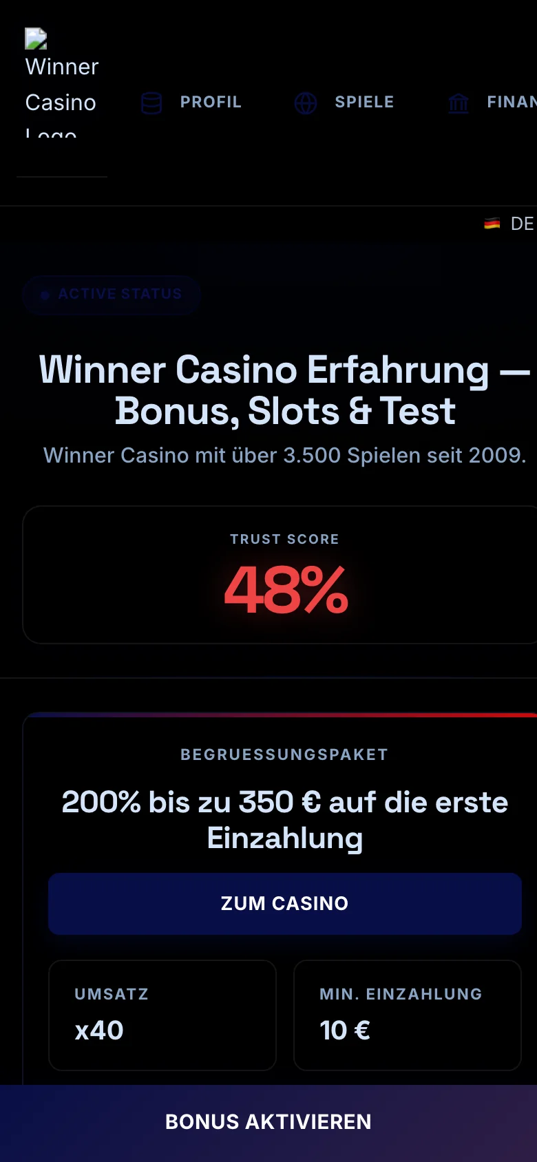 Winner Casino mobile lobby screenshot