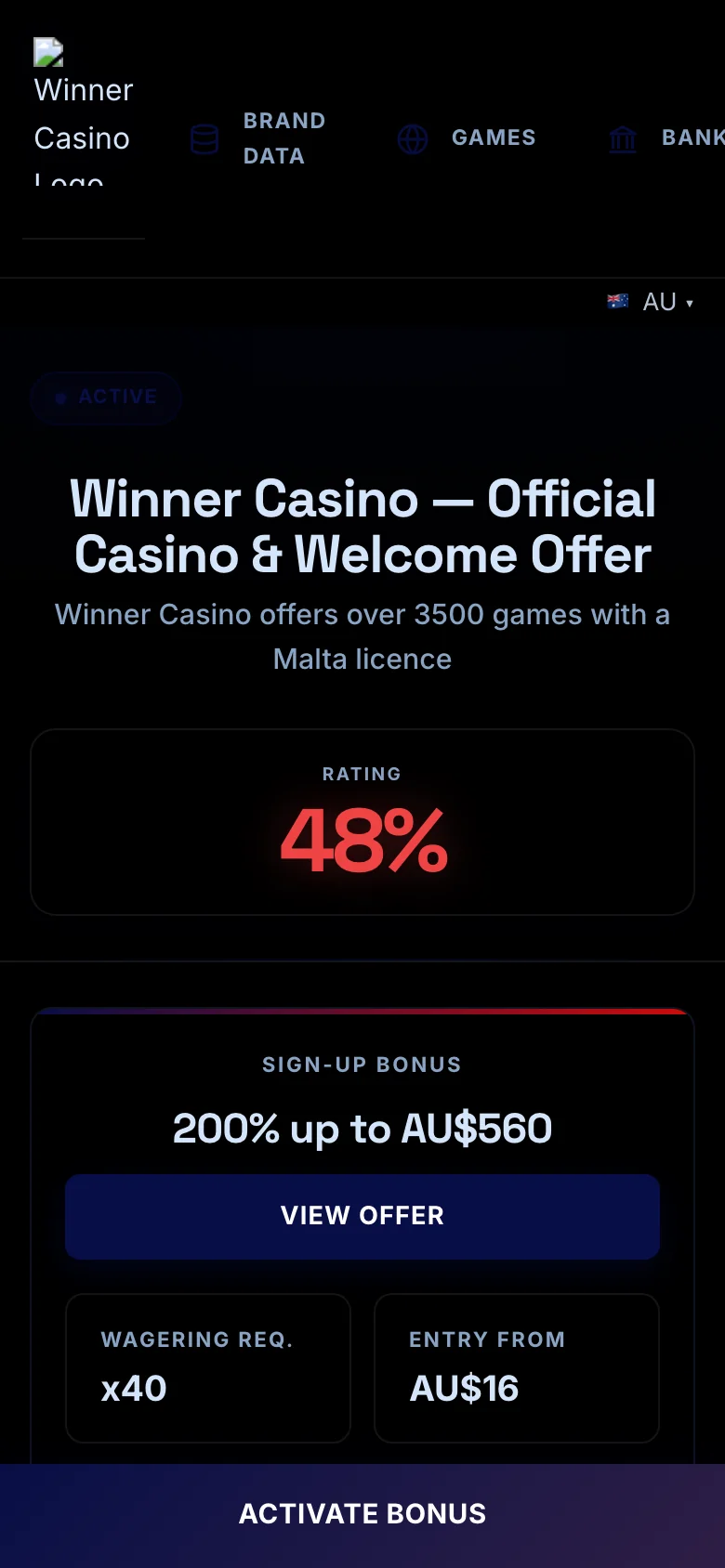 Winner Casino mobile lobby screenshot