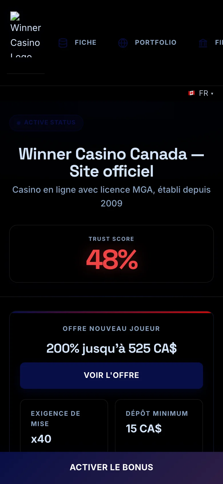 Winner Casino mobile lobby screenshot